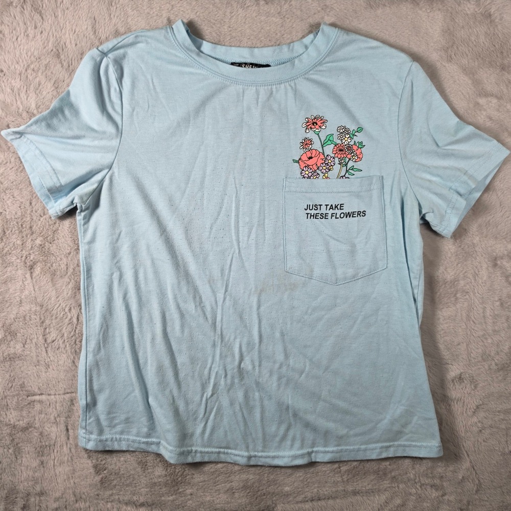 SHEIN T-Shirt Women Small Light Blue Floral Graphic Pocket Tee Casual Short Slv